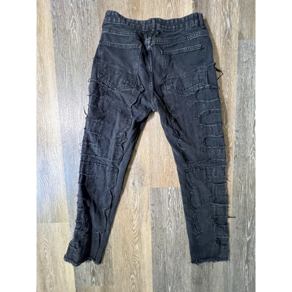 Unbranded Distressed Patchwork Jeans Mens 32 Black Raw Edge Frayed Straight Leg